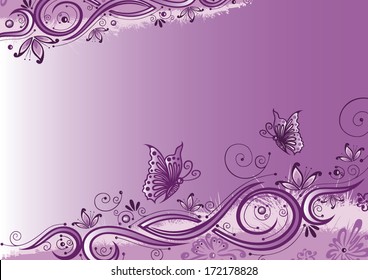 Colorful purple background, abstract flowers with butterflies