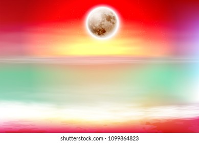 Colorful purple beach with full moon at night