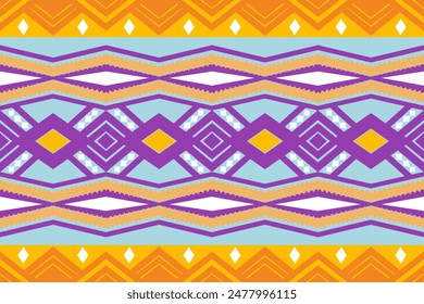 Colorful Purple, Blue, and Golden Yellow Geometric Tribal Pattern: Vibrant Ethnic-Inspired Design for Festive Textiles, Wallpapers, and Home Decor. Seamless and Playful with Eye-Catching Contrast