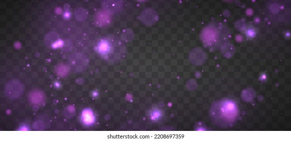 Colorful purple bokeh effect. Abstract Christmas texture glitter blur. Pink sparks vector firework explosion. Violet defocused sparkle lights on transparent background. Cosmic dust with glowing flares