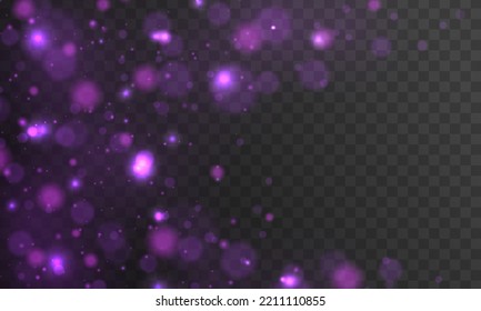 Colorful purple bokeh effect. Abstract Christmas texture glitter blur. Pink sparks vector firework explosion. Violet defocused sparkle lights on transparent background. Cosmic dust with glowing flares
