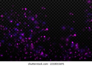 Colorful purple bokeh effect. Background texture abstract glitter and elegance for Christmas. Dusty white. Glittering magical dust particles. Magic concept. Vector