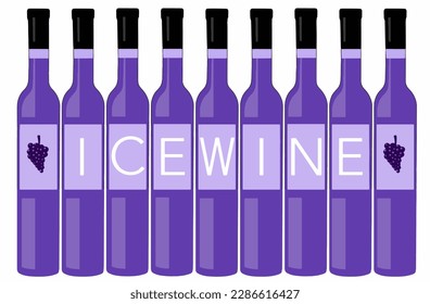 Colorful purple bottles of ice wine are seen lined up in a row and isolated on a white background in this vector illustration.