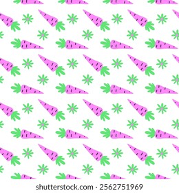 Colorful purple carrot and green star pattern on white background.