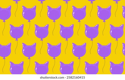 Colorful purple cat balloons on a bright yellow background create a playful and whimsical pattern