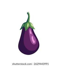 Colorful purple eggplant with green stem in flat design. Perfect for healthy food icons, recipe graphics, organic farming visuals, and vegetarian meal illustrations.