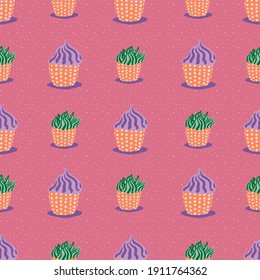 Colorful purple and green cupcakes seamless vector pattern. Surface print design for fabrics, stationery, scrapbook paper, gift wrap, backgrounds, textiles, and packaging.