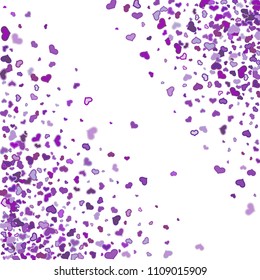 Colorful purple hearts frame on white background. Scattered violet heart confetti. Vector illustration for print, textile, paper.