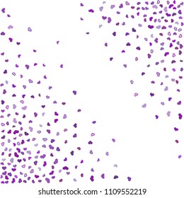 Colorful purple hearts frame on white background. Scattered violet heart confetti. Vector illustration for print, textile, paper.