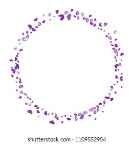 Colorful purple hearts frame on white background. Scattered violet heart confetti. Vector illustration for print, textile, paper.