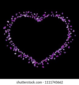 Colorful purple hearts frame on black background. Scattered violet heart confetti. Vector illustration for print, textile, paper.