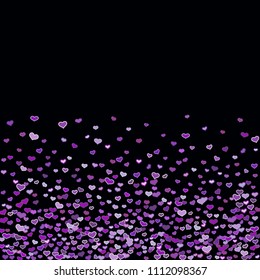 Colorful purple hearts on black background. Scattered violet heart confetti. Vector illustration for print, textile, paper.