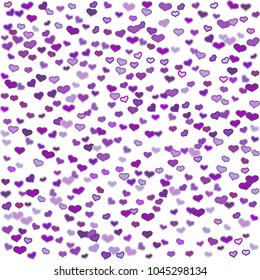 Colorful purple hearts pattern on white background. Scattered violet heart confetti. Vector illustration for print, textile, paper.