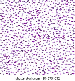 Colorful purple hearts pattern on white background. Scattered violet heart confetti. Vector illustration for print, textile, paper.