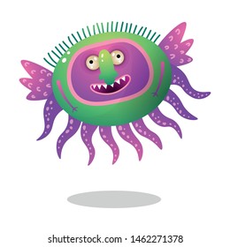 Colorful purple monster with long tentacle and wings is flying