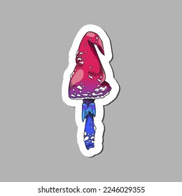 Colorful purple pink magic mushroom, hand drawn sketch vector illustration isolated on gray background. Psychedelic trippy fungi tattoo sticker. Toxic hallucinogenic mushroom.