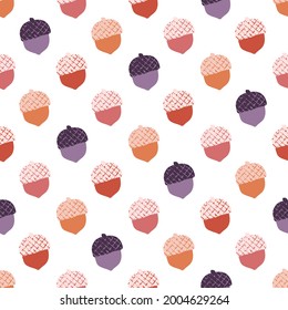 Colorful Purple, Red, and Orange Fall Acorns Seamless Pattern Background Print