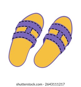 Colorful purple sandals with yellow soles placed side by side on a flat surface for summer fashion styling ideas