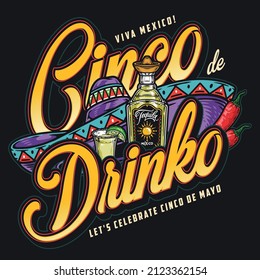 Colorful purple sombrero, tequila bottle and shot with lime decorated cinco de drinko inscription, vector illustration