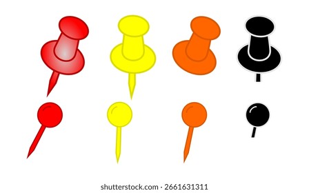 Conjunto de pin de empuje colorido. Pushpin para papel de aviso o corcho. Observe los pines del tablero. Icono 3D aislado en el Vector