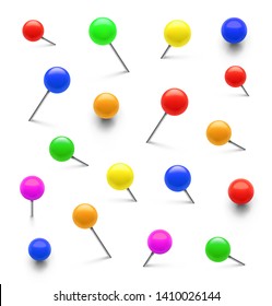 Colorful push pins set in different angles. Realistic thumbtacks. Vector illustration isolated on white background. Easy to use for your design. EPS10.