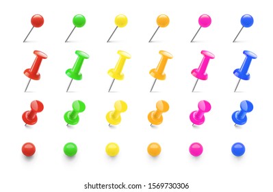 Colorful push pins set in different angles. Realistic thumbtacks. Vector illustration isolated on white background. Easy to use for your design. EPS10.	