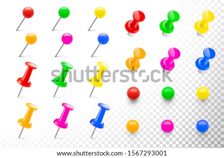Colorful push pins set in different angles. Realistic thumbtacks. Vector illustration isolated on transparent background. Easy to use for your design. EPS10.	