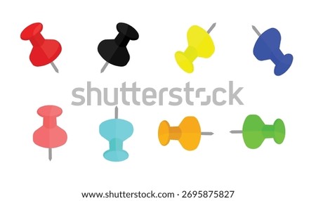 Colorful push pins set in different angles. Vector illustration of multicolored thumbtacks isolated on white background, perfect for office, school, and stationery design concepts.