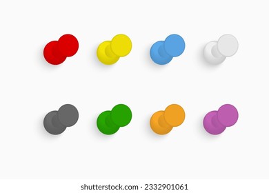 Colorful push pins set on light background. Vector illustration.