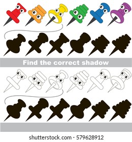 Colorful Pushpins set to find the correct shadow, the matching educational kid game to compare and connect objects and their true shadows, simple gaming level for preschool kids.