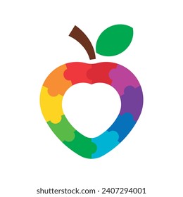 Colorful puzzle apple with a heart inside concept design. Vector isolated on white background.