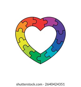 Colorful puzzle border heart. Vector isolated on a white background.
