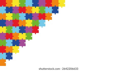 Colorful puzzle corner background design with blank white space for text or logo. Educational jigsaw border for kids projects, school activities, learning materials, or playful presentations.