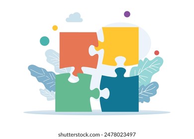 Colorful puzzle elements with plants background. Creative idea concept. Vector illustration