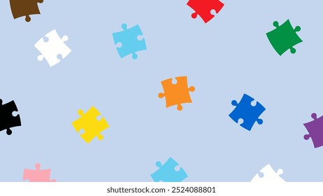 Colorful puzzle elements spread on blue horizontal background. Lgbtqia poster concept. Proud month creative template.