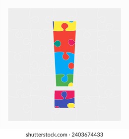 Colorful puzzle - exclamation mark. Jigsaw creative punctuation mark made of piece puzzle and isolated on gray background. Editable contour