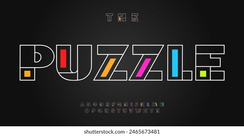 Colorful puzzle font, shapes and outline alphabet, bold playful typeface for toy logo, eye-catching headlines, toy typography, engaging fun typographic design. Vector typeset