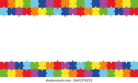 Colorful Puzzle Frame Background for Text or Design. Autism Awareness Border with Jigsaw Pattern. Bright Rectangle Banner Template for School, Kids Events, or Educational Projects.