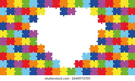 Colorful Puzzle Heart Frame. Jigsaw Pieces Border with Empty Center. Rainbow Autism Awareness Design, Children Logic Game Concept, Creative Background for School, Love, Education or Poster.
