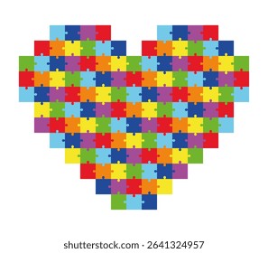Colorful Puzzle Heart Symbol. Bright Jigsaw Pieces in Heart Shape. Autism Awareness Concept, Love, Connection, Education. Vector Flat Design for Posters, School Projects, Events, Children Support.