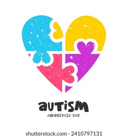 Colorful puzzle with hearts in the shape of a heart. Autism Awareness Day. Lettering. Elements for the design. Vector illustration on a white background.