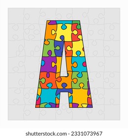 Colorful puzzle letter - A. Jigsaw creative font made of piece puzzle and isolated on gray background. Editable contour