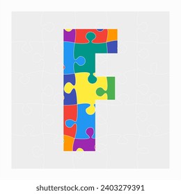 Colorful puzzle letter - F. Jigsaw creative font made of piece puzzle and isolated on gray background. Editable contour