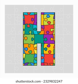 Colorful puzzle letter - H. Jigsaw creative font made of piece puzzle and isolated on gray background. Editable contour