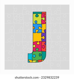 Colorful puzzle letter - J. Jigsaw creative font made of piece puzzle and isolated on gray background. Editable contour