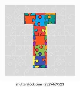 Colorful puzzle letter - T. Jigsaw creative font made of piece puzzle and isolated on gray background. Editable contour