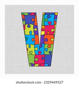 Colorful puzzle letter - V. Jigsaw creative font made of piece puzzle and isolated on gray background. Editable contour