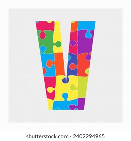 Colorful puzzle letter - V. Jigsaw creative font made of piece puzzle and isolated on gray background. Editable contour