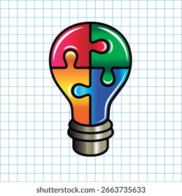 Colorful puzzle light bulb. Vector isolated on blue square grid with white background.