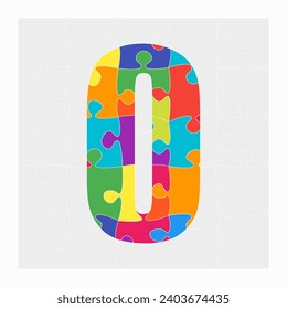 Colorful puzzle number - 0. Jigsaw creative figure zero made of piece puzzle and isolated on gray background. Editable contour
